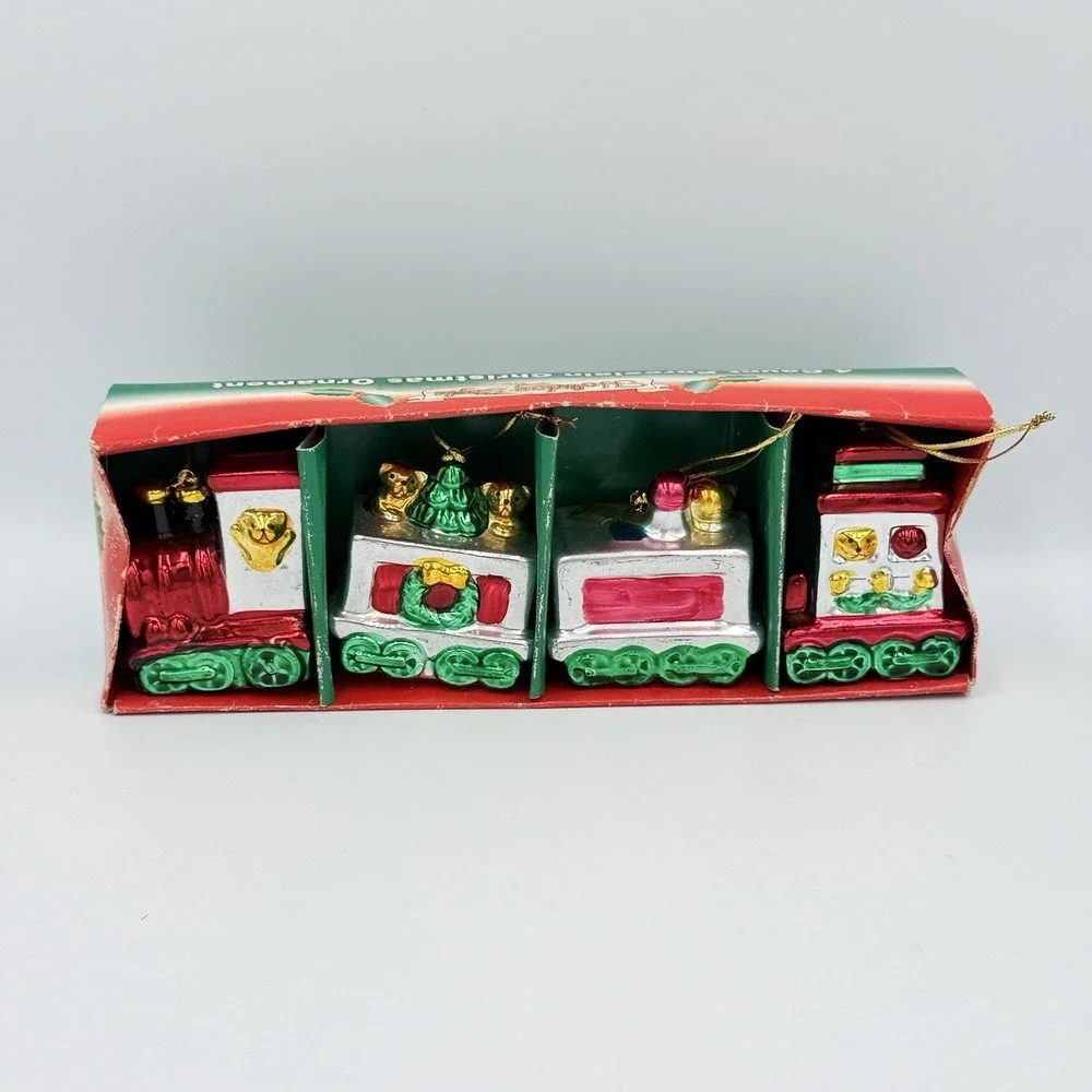 VTG Christmas Train Porcelain Ornament Set 4 Boxed Holiday Style Kitsch‎ Heavy